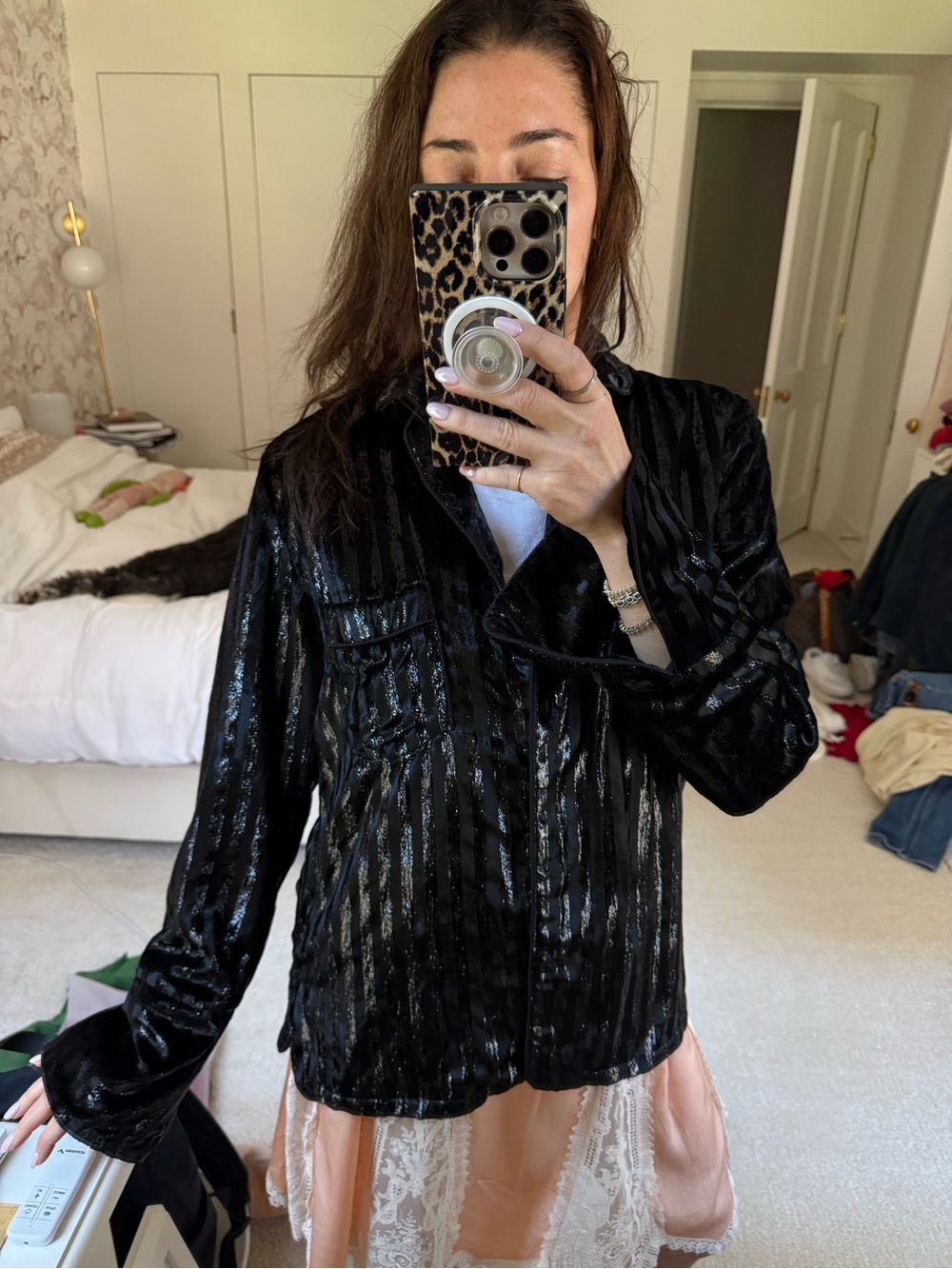 RtA Black Velvet & Metallic Striped Button-Up Pajama Shirt